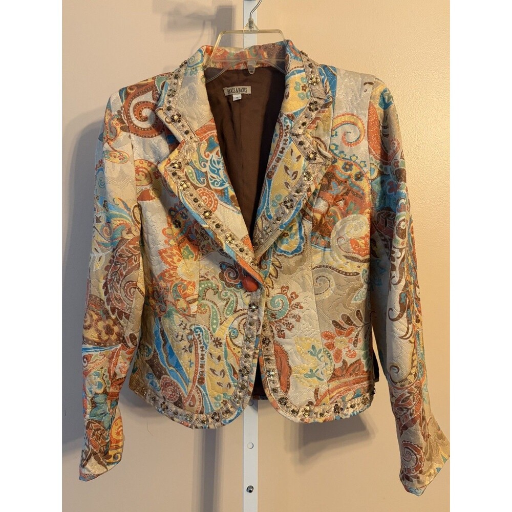 Baxis & Baxis Women Blazer M Paisley Embellished Colorful Lined Gold Jacket Y2K